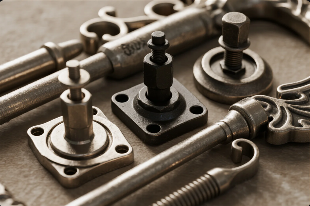 A close-up of various antique or industrial-style metal parts, including threaded bolts, flanges, and ornately designed mechanical components. The items are laid out on a neutral background, showcasing different finishes and surface textures, such as matte black, brushed bronze, and polished metal, emphasizing craftsmanship and precision in mechanical assembly.