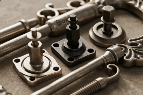 A close-up of various antique or industrial-style metal parts, including threaded bolts, flanges, and ornately designed mechanical components. The items are laid out on a neutral background, showcasing different finishes and surface textures, such as matte black, brushed bronze, and polished metal, emphasizing craftsmanship and precision in mechanical assembly.