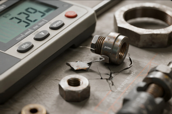A close-up of a damaged threaded metal nut labeled "Prime" lying on a cracked surface, with a broken metal shard beside it. A digital measuring device displaying a reading of "32.9 mm" sits nearby, suggesting a failure or defect analysis in progress. Surrounding components include various hex nuts and industrial fittings, highlighting issues such as fatigue, stress testing, or corrosion in metal parts.