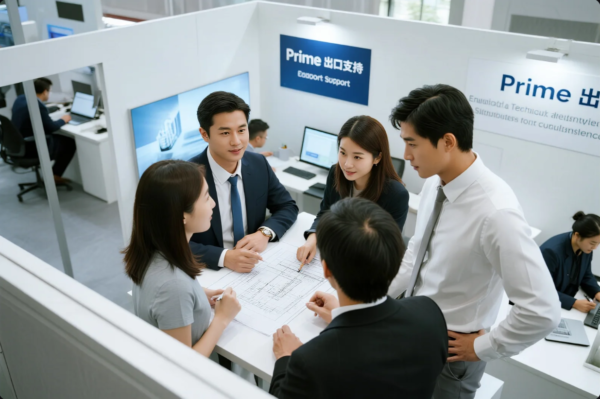 A half-dozen business professionals, men and women in formal dress, huddled around a printed blueprint in a white open-plan cubicle. The cubicles are equipped with signs that say“Prime Export Support” and digital displays of industrial goods. The laptops, workstations and dedicated support staff in the background indicate a technical meeting or project planning meeting for International B2B export support services.