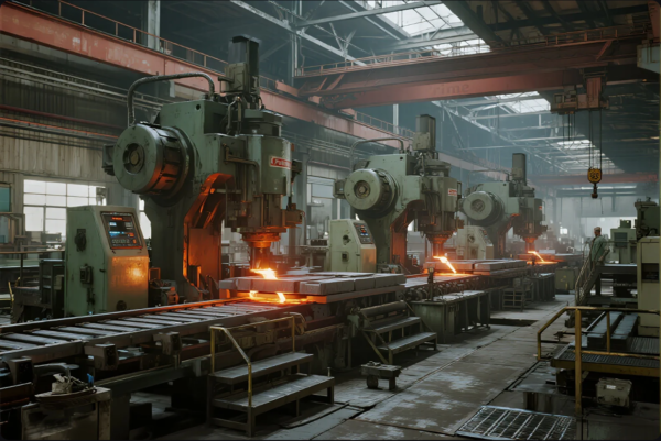 A row of large industrial forging machines with robotic arms press glowing orange metal slabs on a production line inside a spacious, high-ceilinged factory. Sparks and heat radiate from the forging points, highlighting an active hot forming process. Control panels and steel platforms surround the equipment, while a worker supervises operations from a distance. The scene reflects a high-capacity, automated metal processing environment.