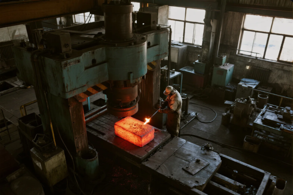 A metalworker wearing protective gear operates a torch to heat or clean a glowing red-hot rectangular metal block placed on a heavy-duty press bed. The large industrial hydraulic press looms overhead, ready for a forging operation. The workshop is dimly lit, filled with heavy machinery, electrical cables, and industrial equipment, capturing the intensity and precision of manual metal forging in a traditional manufacturing environment.