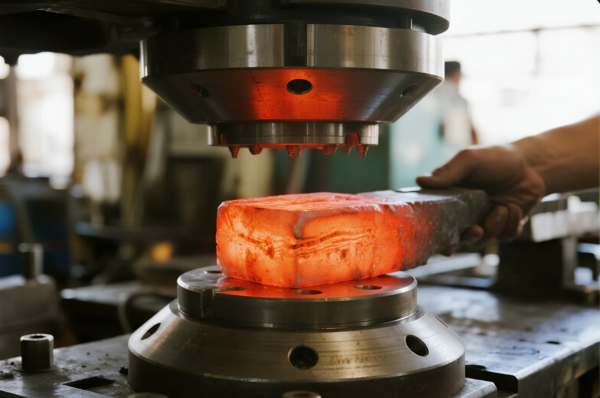A glowing, red-hot rectangular metal billet is being held in place by a worker’s hand beneath a large, high-precision forging press in a well-lit industrial workshop. The forging tool head is equipped with multiple forming points and is about to compress the heated metal into a specific shape. The image highlights the intensity, temperature, and precision involved in hot forging processes.