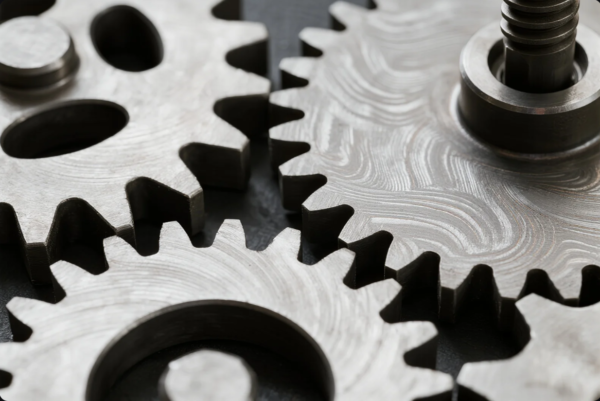 A macro shot of multiple interlocking metal gears showcasing detailed tooth profiles and distinct machining marks on the gear surfaces. The image highlights the high-precision manufacturing and smooth finishes typical in mechanical transmission systems, emphasizing the engineering quality of the components.