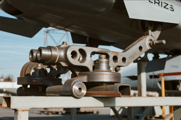 Close-up of a precision-machined aerospace forged component installed under an aircraft wing, showcasing high-strength alloy construction, intricate hole drilling, and bolted joint assembly. The part rests on a workbench, emphasizing industrial strength and structural complexity typical in aviation landing gear or suspension systems.