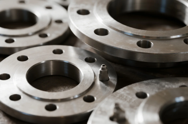 Close-up view of multiple stainless steel flanges arranged on a workshop surface. The flanges are precisely machined with smooth finishes and evenly spaced bolt holes. One flange features a small threaded fitting installed, highlighting customization or pressure-testing functionality. These components are commonly used in piping systems, valves, and industrial assemblies.