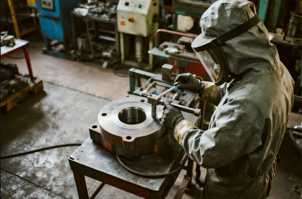 A technician in full protective gear, including gloves and a face shield, carefully inspects a large machined flange using a precision measuring instrument in an industrial workshop. The heavy metal component rests on a steel workbench, surrounded by machinery and tools, indicating a quality control or final inspection stage in a metalworking facility.