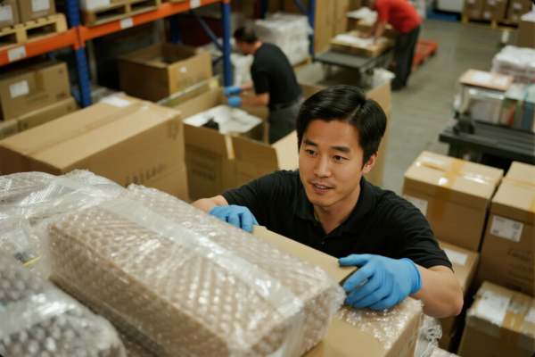 A warehouse worker wearing blue gloves is carefully packaging a product wrapped in bubble wrap into a cardboard box. The background shows a busy warehouse environment with shelves, stacked boxes, and other workers preparing shipments, highlighting an organized logistics and shipping operation.