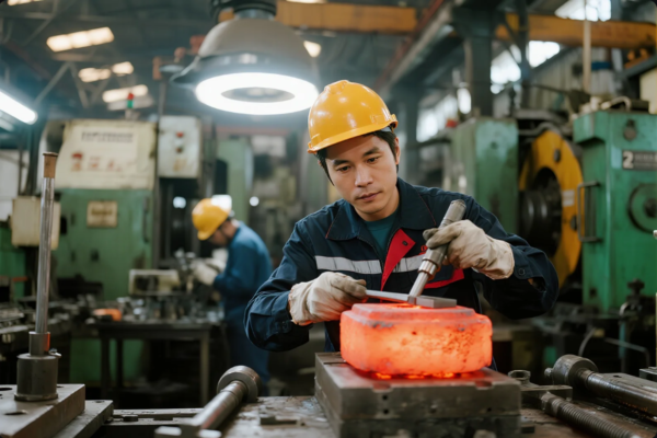 A skilled factory worker wearing a yellow hard hat and protective gloves is using precision tools to shape a glowing red-hot metal workpiece on a hydraulic press. The background shows an industrial workshop filled with heavy machinery, showcasing the controlled environment of high-temperature metal forging processes.