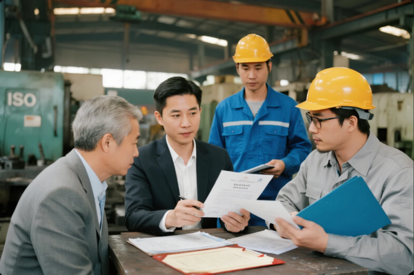 A group of engineers and managers, including professionals in suits and factory workers wearing hard hats, are gathered around a table in a manufacturing workshop. They are carefully reviewing quality certificates and technical documents, indicating a formal inspection or supplier audit. The background shows industrial machines and an “ISO” sign, emphasizing quality assurance in the factory setting.