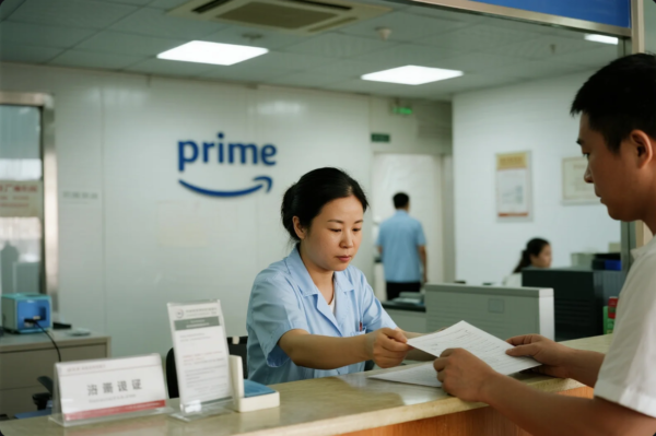 A receptionist in a light blue uniform is handing over paperwork to a visitor at the front desk of Prime, a manufacturing company. The background features a clean and professional office setting with the Prime logo prominently displayed on the wall. Other staff members are visible working at desks, emphasizing a well-organized and customer-focused administrative area.
