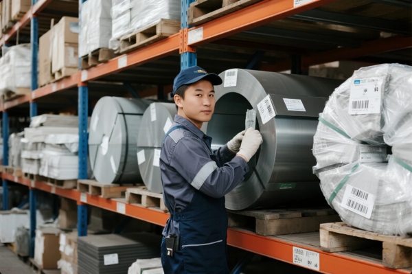 A warehouse worker wearing a uniform and cap is inspecting and labeling large rolls of steel coil stored on wooden pallets in an industrial shelving system. The background features a well-organized storage area with various metal materials and packaging. The scene reflects a clean, efficient environment for raw material handling in a manufacturing or metal processing facility.