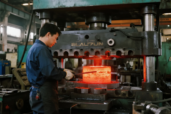 A factory worker in protective gear is operating a large hydraulic forging press labeled "SLAU7UN" to shape a red-hot cylindrical metal workpiece. The heated metal is glowing intensely under pressure, showcasing a high-temperature forging process in an industrial manufacturing environment with heavy-duty machinery in the background.