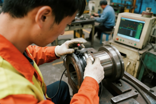 A quality control technician in an orange safety uniform is using an ultrasonic flaw detector to inspect a cylindrical machined metal part for internal defects. The part is placed on a workbench while a diagnostic monitor in the background displays real-time inspection data. This scene takes place in a precision manufacturing workshop focused on ensuring product integrity.