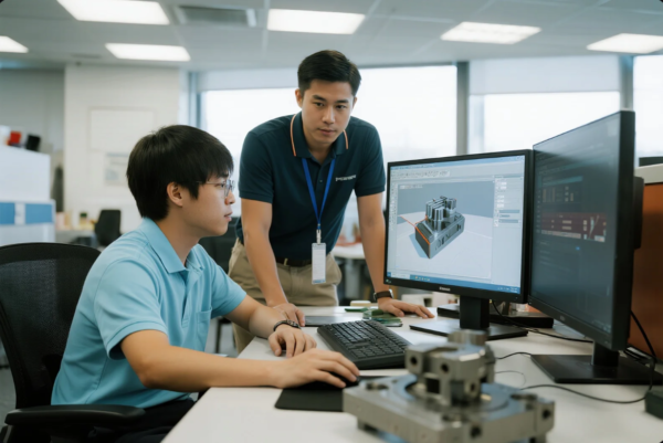 Two engineers are working together in a well-lit design office. One is seated at a computer, using CAD software to model a complex industrial component displayed on the screen, while the other stands nearby, observing the design. A precision-machined metal prototype sits on the desk, reflecting the focus on mechanical part development and engineering collaboration.