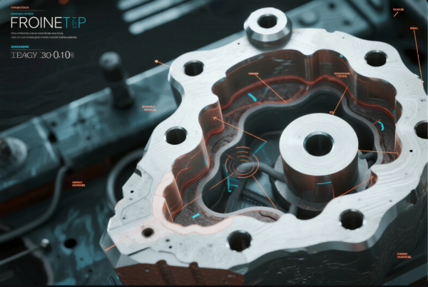 A close-up image showcasing a complex CNC-machined metal part with multiple contours, drilled holes, and precision surfaces. The image includes overlaid digital annotations pointing to specific features such as fillets, internal channels, and surface finishes, highlighting technical specifications and tolerances. The futuristic interface emphasizes advanced manufacturing and engineering analysis in a high-tech industrial setting.