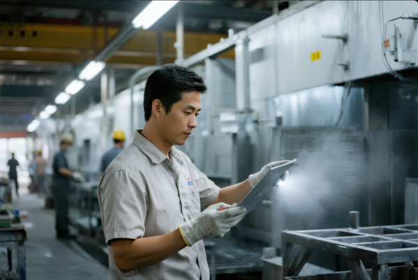 A male worker in a gray uniform and safety gloves is applying a spray coating to a flat metal component in a modern industrial facility. The image captures the mist from the spray, highlighting the powder coating or painting process. The background shows other technicians working along the production line in a clean, well-lit environment, indicating a controlled manufacturing setup.