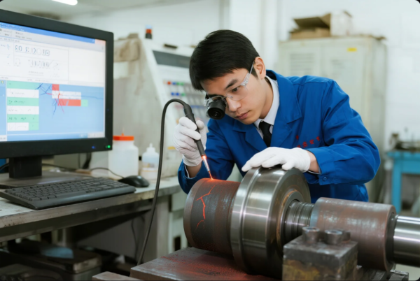 A quality control engineer in a blue lab coat and safety glasses is conducting a non-destructive test on a large cylindrical metal component using a probe device. Red dye penetrant indicates visible surface cracks on the part. The engineer observes closely with a magnifying lens while monitoring results on a nearby computer displaying defect analysis. The lab setting and careful inspection process highlight industrial quality assurance standards.