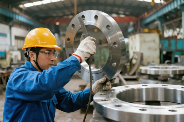 A worker wearing a yellow hard hat, safety glasses, gloves, and a blue uniform is holding and scanning a large precision-machined metal flange in an industrial workshop. The flange has multiple evenly spaced bolt holes, and several similar components are stacked nearby. The background shows a busy factory environment with machinery, indicating a metal parts manufacturing or quality control process.
