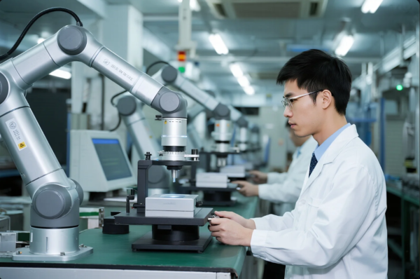 A lab technician in a white coat and safety glasses operates a high-precision robotic arm in a clean, well-lit laboratory or manufacturing facility. The robotic arm is measuring or inspecting a metallic component placed on a fixture, with multiple identical robotic setups visible in the background. This scene reflects an advanced quality control or automated inspection environment in high-tech or industrial production.