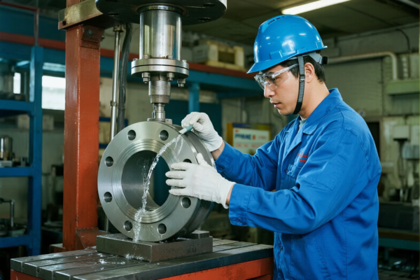 A technician in blue safety gear and a helmet performs a water pressure leak test on a heavy-duty metal flange. Water is visibly streaming out under pressure, and the component is fixed under a hydraulic press in an industrial workshop. This quality control procedure ensures the part meets sealing and durability standards before delivery.