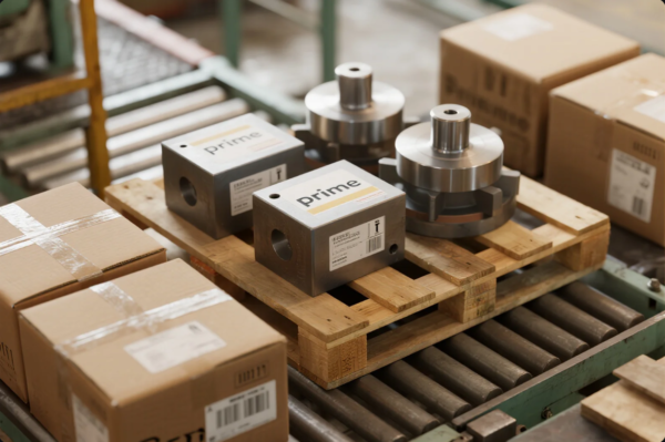 A wooden pallet on a conveyor holds precision-machined metal components and cubic metal blocks labeled "Prime", ready for export. Surrounding cardboard boxes with shipping labels suggest bulk packaging and global distribution. The scene reflects a professional industrial warehouse environment with an emphasis on quality control and organized logistics.