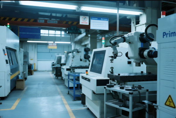 A modern CNC machining workshop featuring advanced automated machinery and robotic arms. The environment is clean and organized, with several CNC machines aligned in a spacious, well-lit production area. Control panels and equipment are visible, highlighting an industrial setting focused on precision manufacturing.