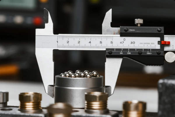 A close-up of a caliper precisely measuring the diameter of a metal cylinder filled with small steel balls, set in a machining or quality inspection environment.