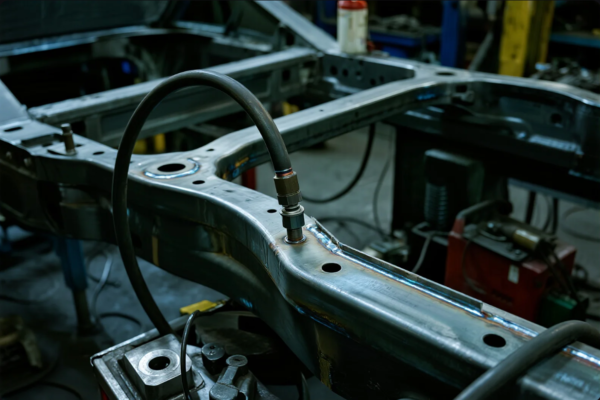A close-up of a welded metal frame with attached hose and fittings in an industrial workshop, likely part of an automotive chassis or heavy machinery structure.