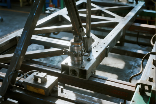 A close-up of a metal framework structure with a hydraulic or pneumatic cylinder mounted on it in an industrial workshop.