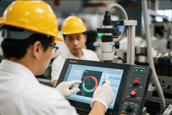 This image shows two engineers or technicians in a manufacturing environment, both wearing yellow hard hats and white gloves for safety and cleanliness. One engineer is closely interacting with a touchscreen digital control panel displaying technical measurement data and a circular graph, possibly for quality control or calibration purposes. A mounted microscope is positioned above the screen, indicating detailed inspection work on small or high-precision parts. The background reveals a busy factory floor with advanced machinery and equipment, highlighting a focus on precision engineering and quality assurance.