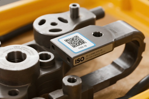 This image presents a close-up view of several intricately machined metal parts, likely used in industrial or mechanical assemblies. One of the parts prominently displays a QR code label and an ISO certification mark, emphasizing traceability and quality control. The components feature threaded holes, smooth finishes, and precise geometric shapes, indicating high manufacturing standards. The parts are resting in a yellow tray, suggesting they are prepared for inspection, assembly, or shipment.