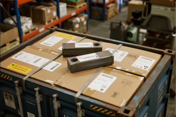 This image depicts a blue industrial shipping crate in a warehouse, loaded with several sealed cardboard boxes. Each box is labeled with shipping information, barcodes, and handling instructions, with one label displaying the "Prime" brand. Two large, rectangular metal components with machined holes rest on top of the boxes, secured by metal straps. The background shows organized shelving and various other packages, indicating an efficient logistics or storage operation for industrial or manufacturing goods.