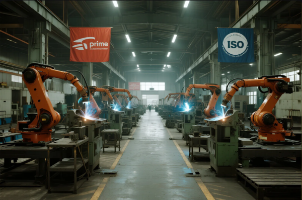 This image depicts a high-tech manufacturing facility featuring multiple orange robotic arms engaged in synchronized automated welding operations along both sides of a spacious workshop. Bright blue welding arcs illuminate the workstations, emphasizing advanced automation. Overhead, prominent banners display the Prime company logo and an ISO certification, reinforcing the factory’s commitment to quality and international standards. The environment is clean, organized, and showcases state-of-the-art industrial production capabilities.