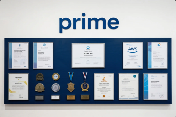 This image shows a professional wall-mounted display board featuring the “prime” logo at the top. The board is neatly organized with various framed certificates, official documents, and multiple medals and award plaques. The display highlights the company’s commitment to quality, industry standards (such as ISO 9001), and recognized achievements in manufacturing or business excellence. The arrangement projects an image of trustworthiness, capability, and industry leadership.