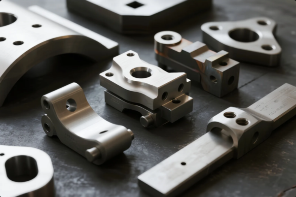 This image displays an assortment of high-precision CNC-machined metal components laid out on a dark workbench. The parts have clean, sharp edges and smooth surfaces, with multiple drilled holes and complex geometries, highlighting the accuracy and quality of advanced machining processes. The variety of shapes and features demonstrates the manufacturer’s capability to produce custom industrial parts for different applications in engineering and manufacturing.