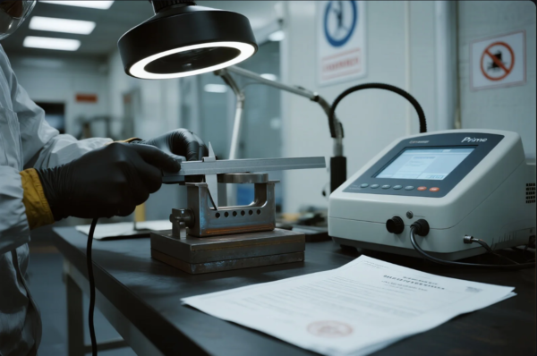 This image captures a quality control or laboratory environment where a technician, dressed in a lab coat and black gloves, is precisely measuring a machined metal component using a caliper under bright ring lighting. Next to the workspace is a digital testing instrument branded "Prime," featuring a screen and control buttons. Technical documents and safety signage are also visible, highlighting a meticulous, high-standard inspection process for industrial or engineering parts.