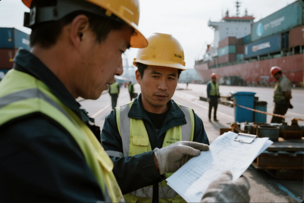 This image shows two male dock workers in protective gear—yellow hard hats, gloves, and safety vests—closely examining a document on a clipboard. They are positioned on the dock of a bustling port, with a large cargo ship loaded with containers clearly visible in the background. Additional workers and port equipment are scattered throughout the scene, emphasizing teamwork, careful logistics, and safety procedures in international shipping operations.