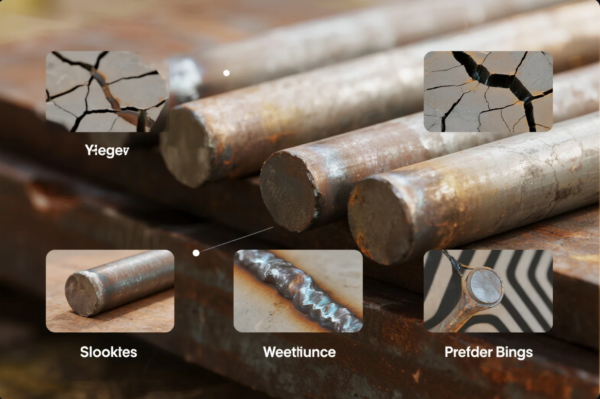 This image displays a group of rusted steel rods laid out in a workshop setting. Overlaid are inset images highlighting various types of metal or welding defects—such as cracks, incomplete welds, and structural flaws. Each defect is marked with a descriptive label, though the text appears to be distorted or misspelled. The visual presentation is focused on illustrating common quality issues in metal materials and welds for educational or quality control purposes.