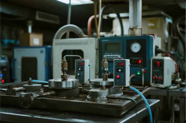This image shows a detailed view of an industrial laboratory or testing area equipped with several digital pressure gauges connected to robust metal fixtures and pipes. The devices display pressure readings and are integrated into a larger system with control panels and gauges in the background. The scene suggests rigorous quality assurance, pressure testing, or calibration processes commonly found in advanced manufacturing or engineering facilities.