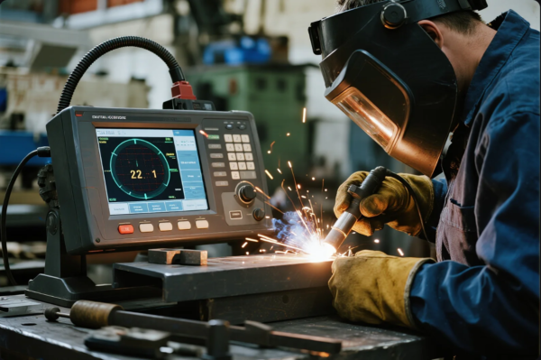 This image shows a worker engaged in welding, equipped with a dark welding helmet and heavy-duty gloves for safety. The welder is using a handheld torch on a flat metal plate, producing bright sparks and a blue arc. Positioned next to the workpiece is a digital oscilloscope or control unit with a large screen showing real-time welding data and circular graphs, emphasizing advanced process monitoring and quality control in an industrial manufacturing environment.