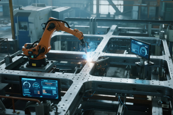 This image depicts an advanced manufacturing environment where an orange robotic arm is precisely welding a large, complex metal frame. Bright welding sparks and blue arc light highlight the active process. Surrounding the workspace are multiple digital display screens showing real-time welding parameters, system status, and quality control data. The scene emphasizes smart automation, digital integration, and the precision of modern industrial production lines.