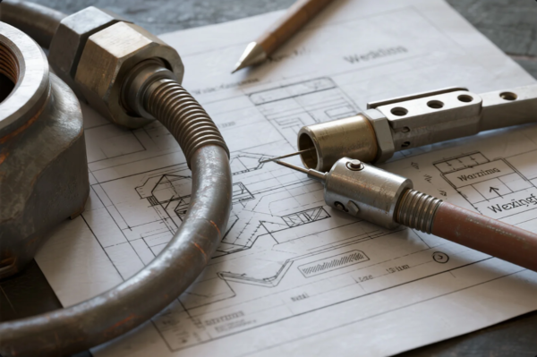 This image shows several metallic industrial parts, including a flexible hose with threaded connectors and precision nozzles, arranged on top of detailed engineering drawings or blueprints. The blueprints contain technical diagrams and labeled sections related to welding or manufacturing processes. A pencil is also present, indicating ongoing design, inspection, or assembly planning. The composition highlights the integration of engineering design with practical metalworking components.