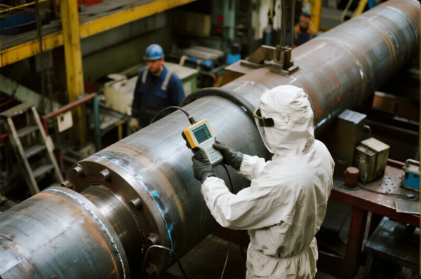 This image shows a quality control technician dressed in a full white protective suit, gloves, and face shield using a handheld ultrasonic testing device to inspect a large cylindrical metal component with visible weld seams. The technician is scanning the surface for internal defects or structural integrity. The background includes other workers in blue uniforms and various industrial equipment, highlighting a professional setting for non-destructive testing in heavy manufacturing or fabrication.