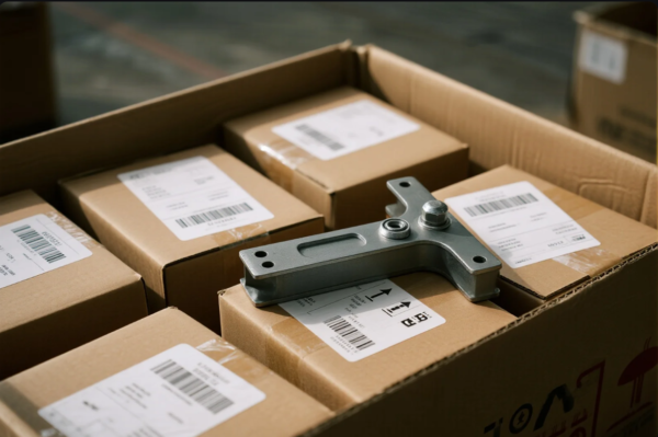 This image shows an open shipping carton containing several neatly packed smaller boxes, each affixed with barcode labels and shipping information. Resting on top of the packages is a precision-machined metal component, likely a bracket or connector, ready for shipment. The scene highlights careful packaging, product traceability, and the export readiness of manufactured industrial hardware.