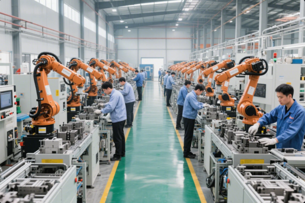 The image depicts an advanced manufacturing plant featuring two long rows of industrial orange robotic arms operating alongside a conveyor system. Each robotic arm is paired with a technician in a blue jacket and gloves, who is monitoring, assembling, or inspecting components on the line. The factory floor is clean and organized, with bright overhead lighting, high ceilings, and safety markings on the green and yellow floor. The environment reflects the integration of human expertise and industrial automation for efficient, high-volume production.