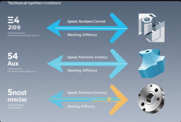 The infographic presents a comparison of technical machining parameters, visualized as three horizontal arrows. Each arrow is labeled with a different (mostly illegible or garbled) title and technical attribute. The top arrow references "Speed, Number, Corvoil" and "Macking Differucy," with a 3D schematic of a component. The middle arrow mentions "Speed, Precision, Everytcy" and is paired with another complex part illustration. The bottom arrow, in orange, points to "Speed, Precion, Everytcy," and is paired with an image of a finished machined flange part. The overall graphic is set against a blue-gray gradient background and appears to illustrate how speed, precision, and machining difficulty relate to different types of parts and processes, though the text includes several misspellings and placeholder terms.
