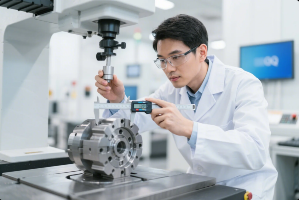 The image shows an engineer or quality control specialist working in a bright, modern laboratory or inspection room. He is wearing a white lab coat and clear safety glasses, focusing intently as he uses a digital caliper to measure the dimensions of a complex, machined metal component. The part is mounted on the table of a coordinate measuring machine (CMM), which features a vertical probe for automated dimensional checks. The background includes blurred laboratory equipment and a computer monitor, highlighting a high-precision, quality-controlled manufacturing process.