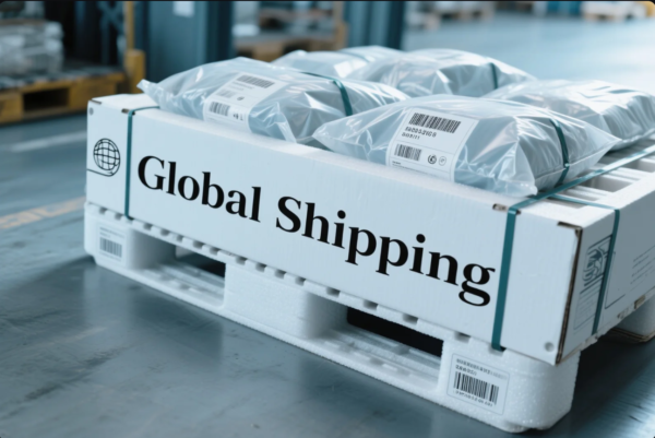 The image shows a close-up view of a white plastic pallet prominently featuring the words "Global Shipping" in bold black letters. Several sealed packages, each with a barcode label, are stacked neatly on the pallet and secured with green plastic straps. The background displays a clean, modern warehouse floor and blurred storage racks, emphasizing a professional logistics or distribution environment focused on international shipments.
