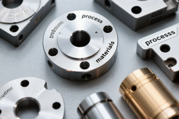 The image showcases several precision-machined metal components arranged neatly on a flat surface. The components are made of various metals, including silver and brass-colored materials, and feature clean, polished finishes. Notably, the components are engraved with terms such as "process" and "materials," indicating their relevance to specific manufacturing or engineering functions. The background highlights the smooth, matte texture of the surface beneath these parts, emphasizing their detailed craftsmanship and quality.